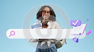 African Lady Posing Near Internet Search Bar On Blue Background
