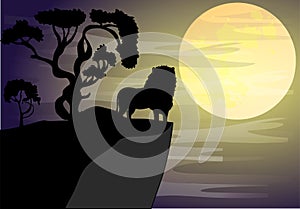 African landscape with animal silhouette. Savannah sunset background