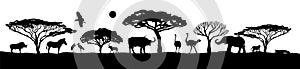 African landscape with animals. An African safari animal silhouette landscape scene. Vector illustration