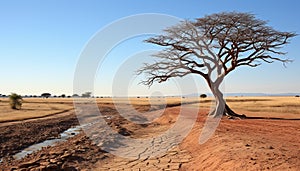 African landscape, dry savannah, acacia tree, dusty plains generated by AI