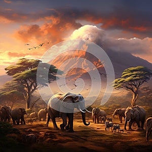 African landscape with elephants and Kilimanjaro Mountain