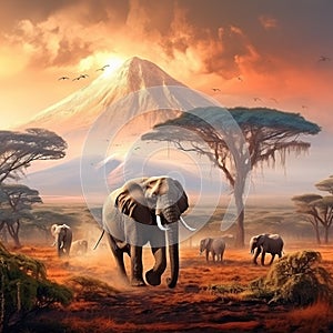 African landscape with elephants and Kilimanjaro Mountain