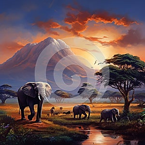 African landscape with elephants and Kilimanjaro Mountain