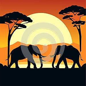 African landscape with elephants silhouettes on sunset background. Vector illustration. AI generated