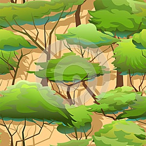 African landscape. on hot sand. Seamless pattern. Acacia trees. Africa savanna plants. Vector