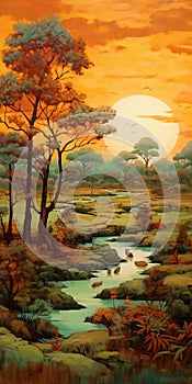 African Landscape Painting Sunset In The Style Of Todd Schorr