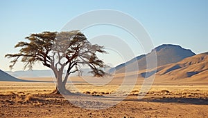 African landscape, sand dunes, acacia tree, sunset generated by AI