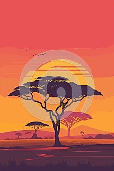 African landscape, savannah, nature, trees, wilderness, minimalist style, vector illustration