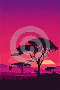 African landscape, savannah, nature, trees, wilderness, minimalist style, vector illustration