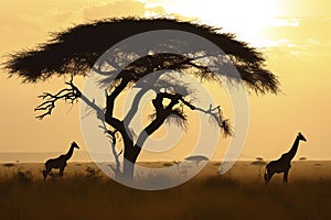 African landscape with a silhouette of a couple of giraffes under an acacia tree in the wild savannah