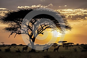 African landscape with a silhouette of a couple of giraffes under an acacia tree in the wild savannah