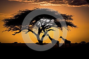 African landscape with a silhouette of a couple of giraffes under an acacia tree in the wild savannah