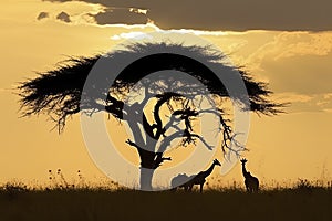 African landscape with a silhouette of a couple of giraffes under an acacia tree in the wild savannah