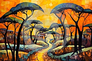 African landscape at sunset, depicted in stunning yellow tones