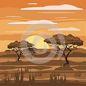 African landscape, sunset, savannah, nature, trees, wilderness, cartoon style, vector illustration