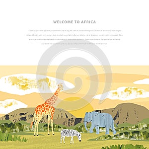 African landscape. Vector banner with animals, acacia tree, grass and place for text. Bright template