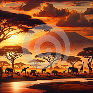 African landscape view during sunset with golden sky acacia trees wild animals and Kilimanjaro