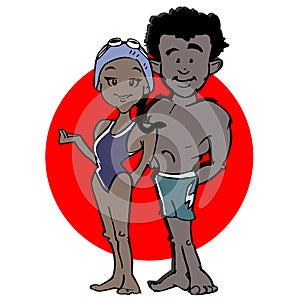 African, latino or indian swimmer couple cartoon photo