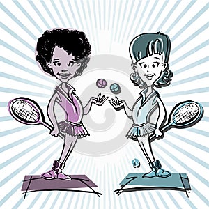 African,latino or indian. Tennis player couple cartoon photo