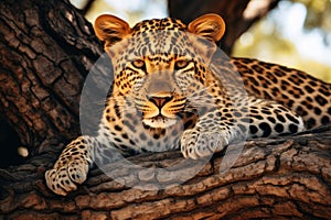 African leopard safari. Majestic feline explores savannah, gracefully ascends acacia trees