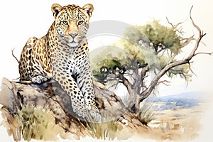 African Leopard sitting on rock looking out. Watercolor style painting digital art photo