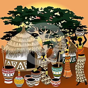 African Life Scenery, village, huts, women and wild animals on Sunset Vector Art