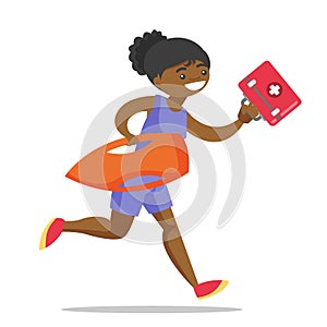 African lifeguard running with first aid box.