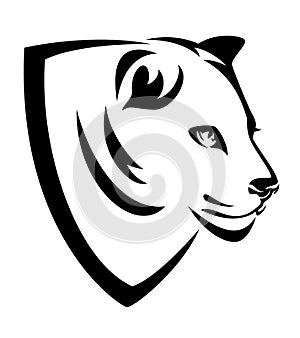 African lioness head and simple heraldic shield black and white vector design