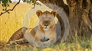 African lioness lying under a tree