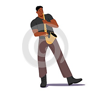 African Male Character Playing Saxophone Isolated on White Background. Music Jazz Band Entertainment, Concert, Sax