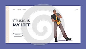 African Male Character Playing Saxophone Landing Page Template. Music Jazz Band Entertainment, Concert, Sax Player