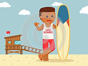 African male life guard with surfing board