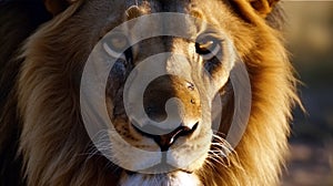 African male lion headshot looking into camera ultra. Generative AI