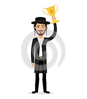 Excited smiling jewish man raising up trophy medal certificate businessman winner success concept