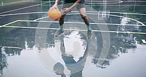 African man, dribbling and sport on basketball court, fitness or health in summer sunshine for performance. Person, guy