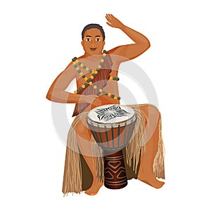 African man in ethnic clothing plays wooden djembe