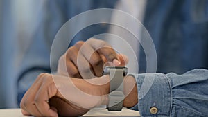 African Man Hands Using Smart Watch, Close Up