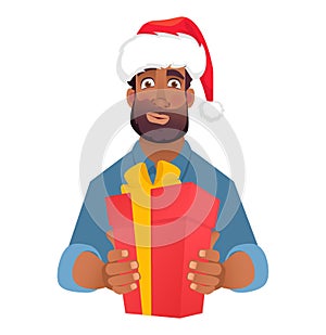 African man holding red present box