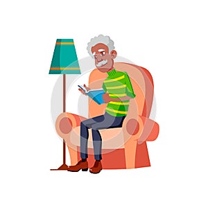 african man pensioner reading book in living room cartoon vector