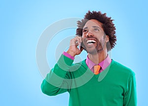African man, phone call and afro with smile, businessman and thinking on studio background. Cellphone, laughing and