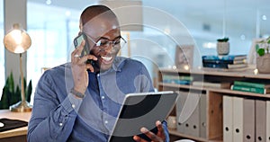 African man, phone call and tablet in office at investing agency in night for deal, networking or email. Happy trader