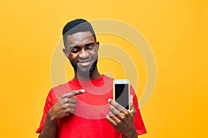 african man phone young happy technology mobile background phone studio black yellow mobile