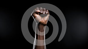 African man raises his fist up on a black background.