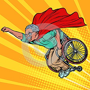 African man retired superhero disabled in a wheelchair. Health and longevity of older people