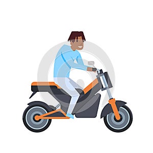 African man riding electric scooter over white background. motorcycle concept. cartoon full length character. flat style