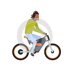 African man riding electric scooter over white background. motorcycle concept. cartoon full length character. flat style