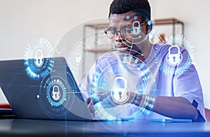 African man student with laptop, cybersecurity circuit and digital connection