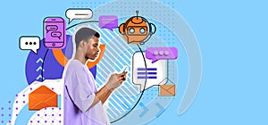 African man using smartphone and chat bot sketch with speech bubbles icons