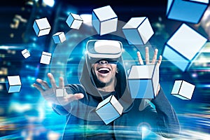 African man in vr glasses with cubes