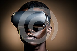 African man wearing virtual reality goggles standing studio clean background